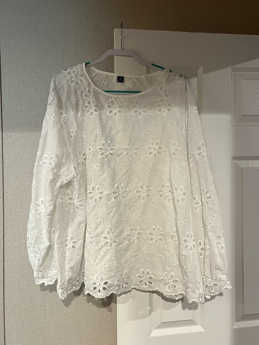 SHEIN White Floral Eyelet Long-Sleeve Blouse